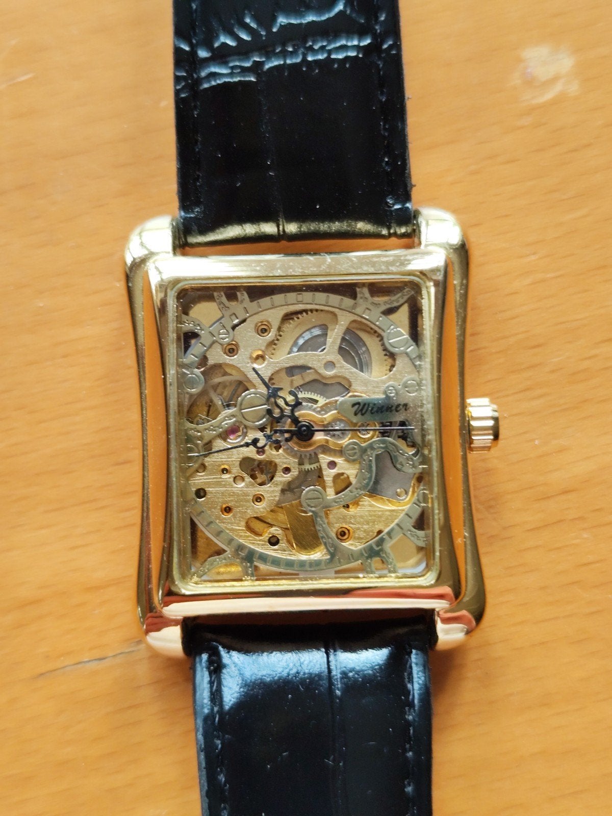 skelet automatisch heren horloge met zwart lederen band, Overige merken, Leer, Staal, Polshorloge