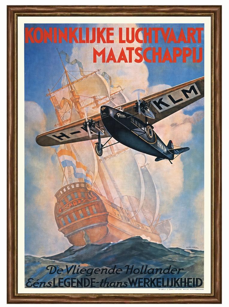 Vintage KLM 'De Vliegende Hollander' Poster - Ingelijst, Ophalen, Met lijst, A1 t/m A3, Overige onderwerpen