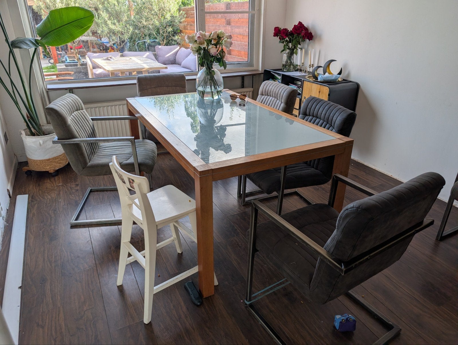 Tafel met mat glasplaat 90x160cm, gebruikt, Ophalen, Gebruikt, 150 tot 200 cm, Minder dan 100 cm
