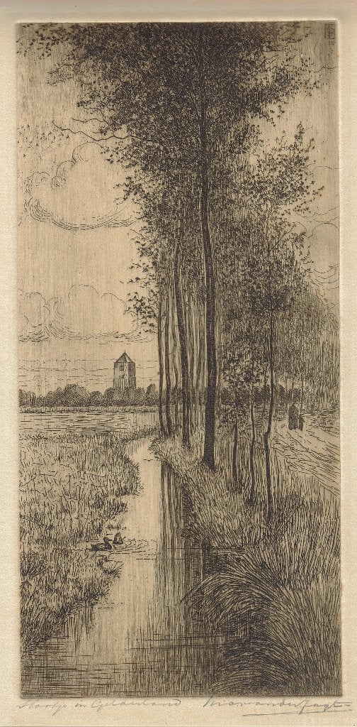 Nicolaas van der Jagt ets "Slootje in Gelderland" gesigneerd, Ophalen, Ets, Landschap, Origineel