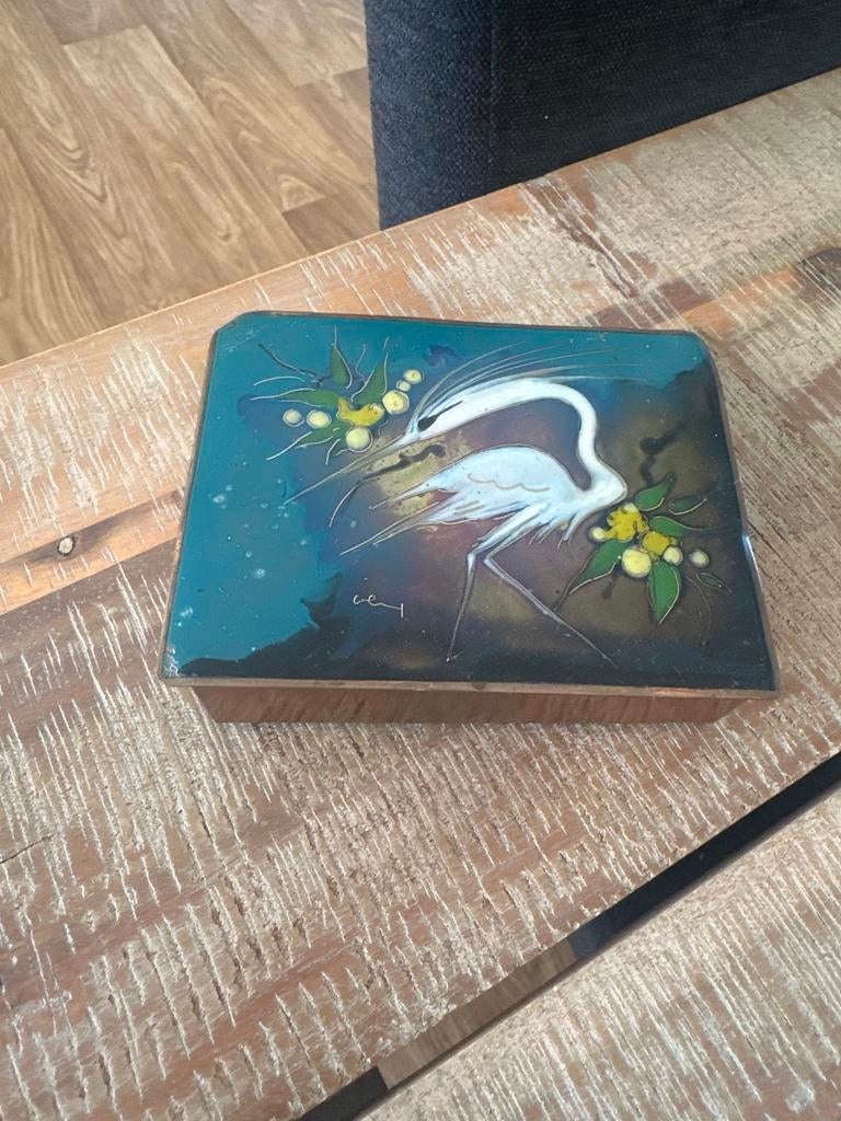 Vintage doosje met reiger decoratie - Koper en emaille, Ophalen of Verzenden