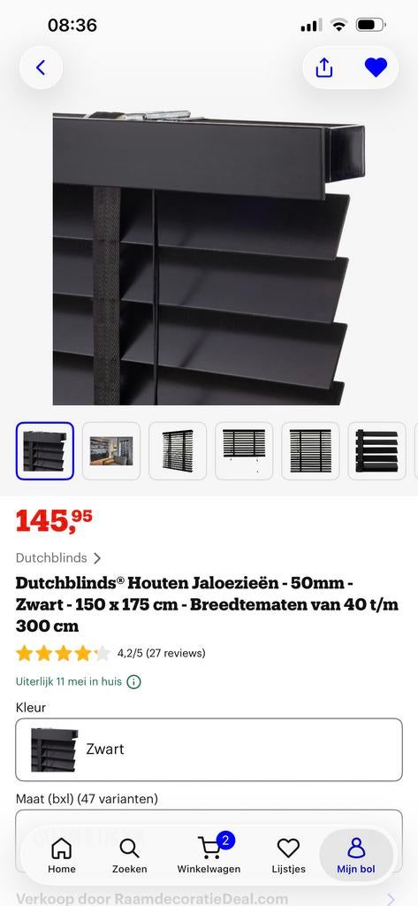 Zwarte Houten Jaloezieën 150x175 cm - 50mm Lamellen, 100 tot 150 cm, Zwart, Nieuw, Ophalen of Verzenden