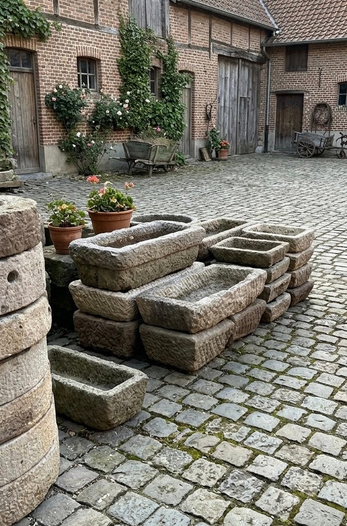 Antieke hardstenen trog - troggen boederij voerbak oud, Ophalen, Gebruikt, Rond, Steen