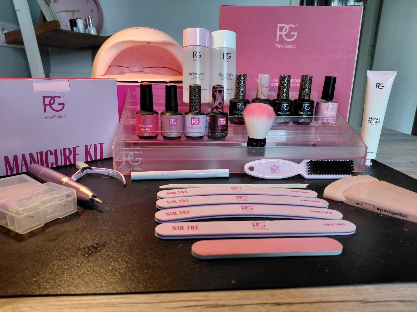 Pink Gellac Manicure Kit met Lamp, Lakken en Accessoires, Ophalen of Verzenden, Zo goed als nieuw, Verzorging