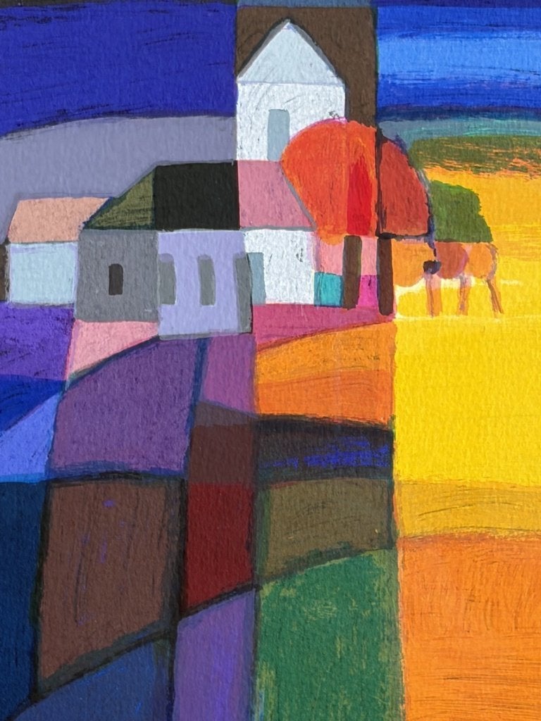 Ton Schulten, ingelijste zeefdruk landschap met kerk, Ophalen