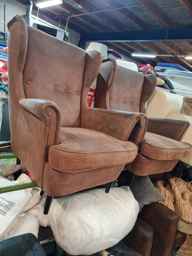 Vintage oorfauteuil - Bruin - Comfortabel, Huis en Inrichting, Fauteuils, Gebruikt, Stof, 75 tot 100 cm, 75 tot 100 cm, Ophalen