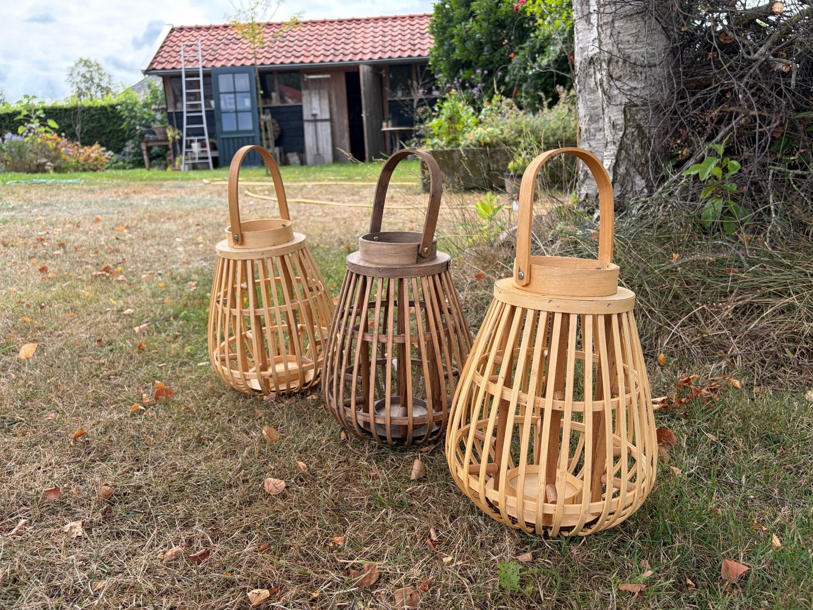 Set van 3 leuke houten windlichten, Ophalen, Windlicht, Gebruikt, Bruin
