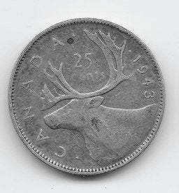 Canada 25 cents 1943 KM# 35, Postzegels en Munten, Verzenden, Noord-Amerika, Losse munt, Zilver