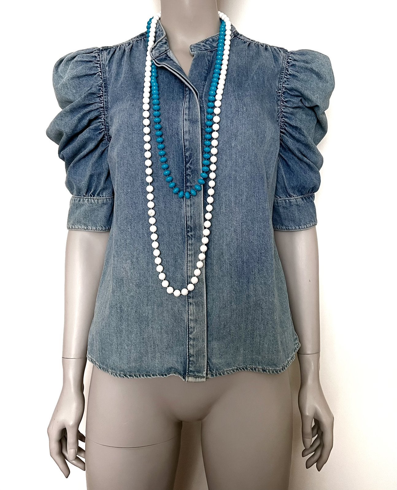 FRAME “Eugenia” denim statement blouse maat S (NIEUWSTAAT), Verzenden, Zo goed als nieuw, Maat 36 (S), Blauw