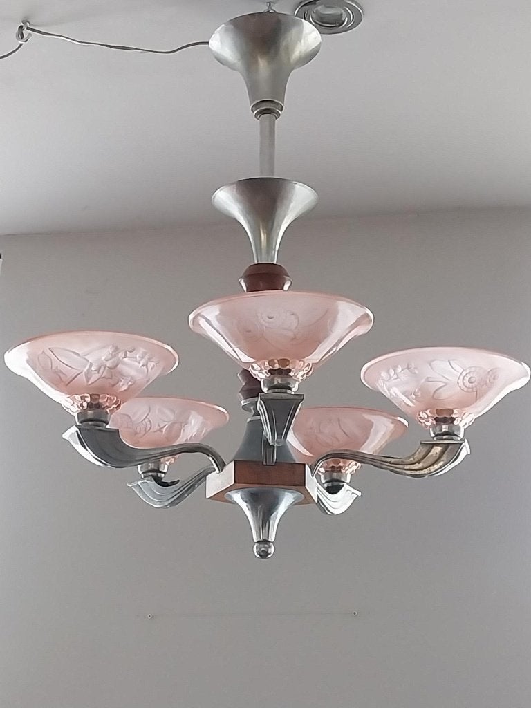 Art Deco kroonluchter 5 lichts roze persglas jaren 30, Ophalen