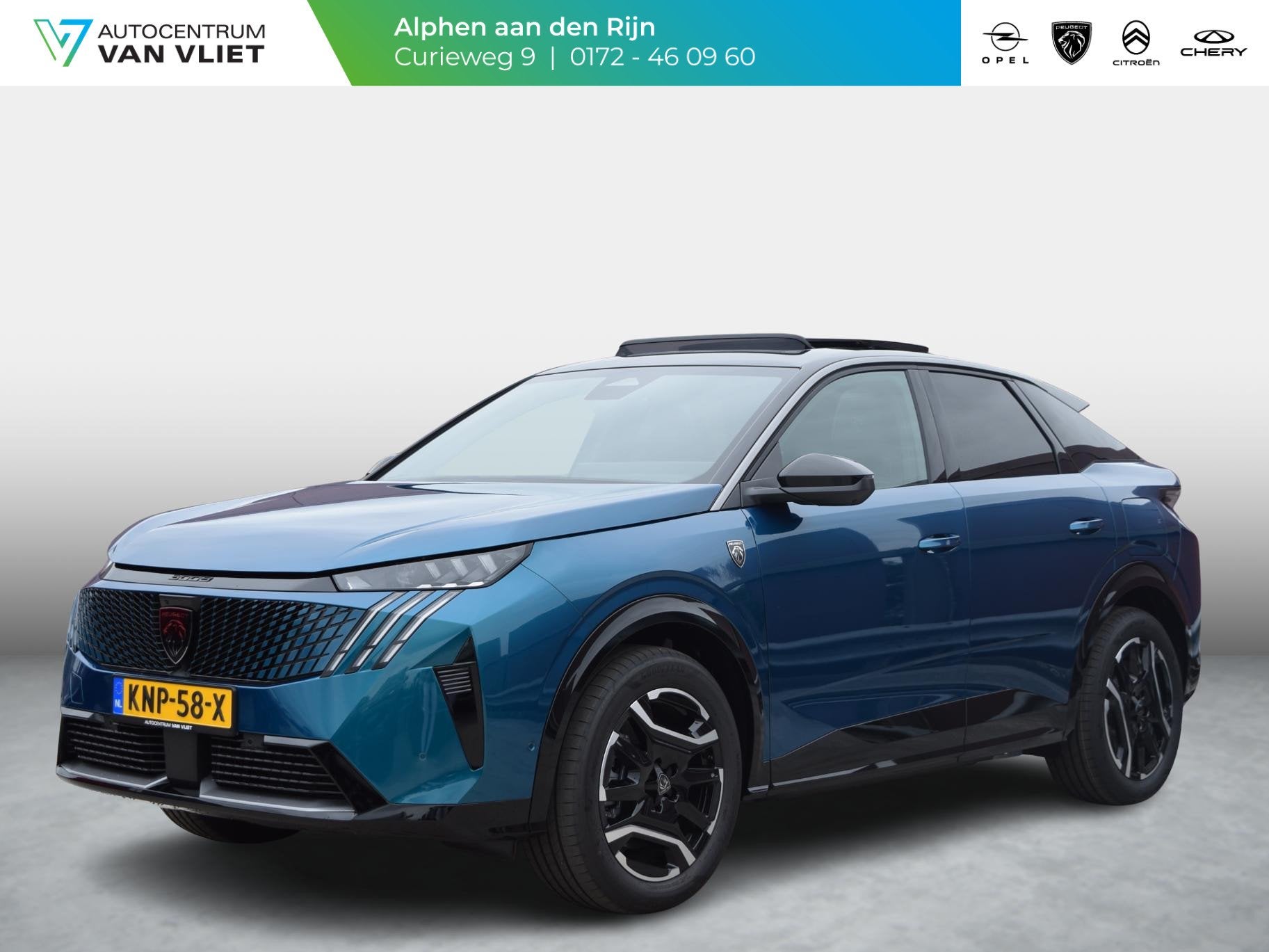 Peugeot e-3008 GT Long Range 230 97 kWh Warmtepomp l 360 vis, Auto's, 12 maanden, 101 kWh, Blauw, Leder en Stof