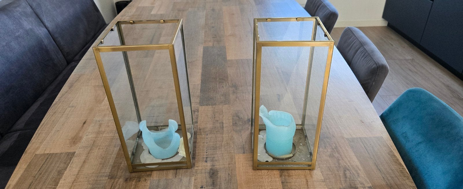 Set van 2 gouden lantaarns met glazen wanden, Huis en Inrichting, Ophalen, Lantaarn, Zo goed als nieuw, Metaal