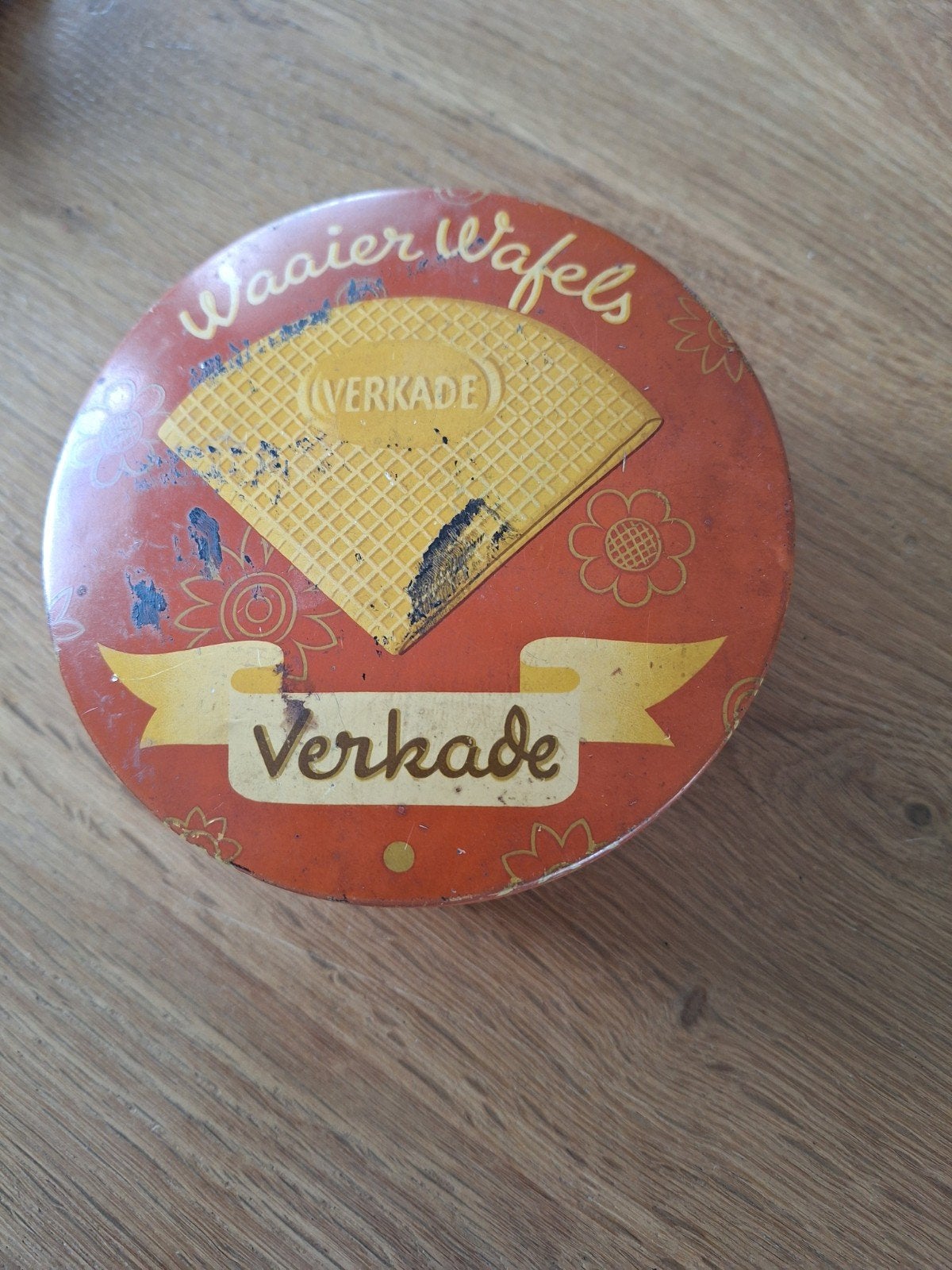 Vintage Verkade Waaijer Wafels blik - Oranje, Verzamelen, Blikken, Ophalen of Verzenden, Gebruikt, Koek(jes), Verkade