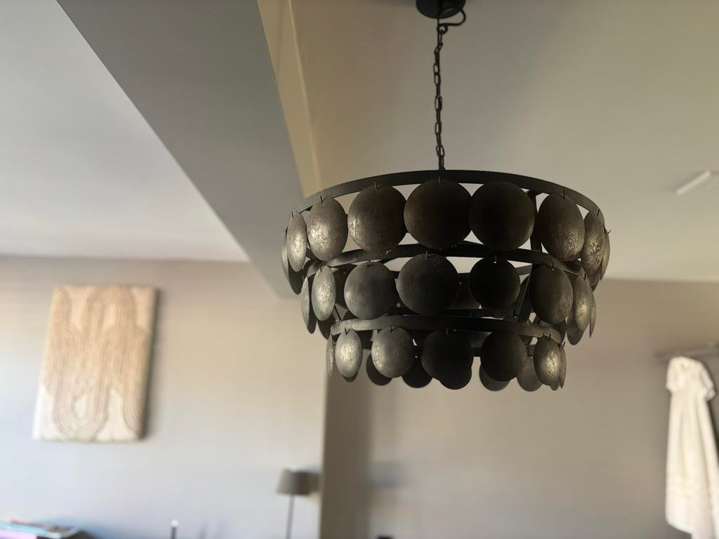 Unieke hanglamp met schijfjes - Industriële stijl, Ophalen, Zo goed als nieuw, Metaal, 50 tot 75 cm