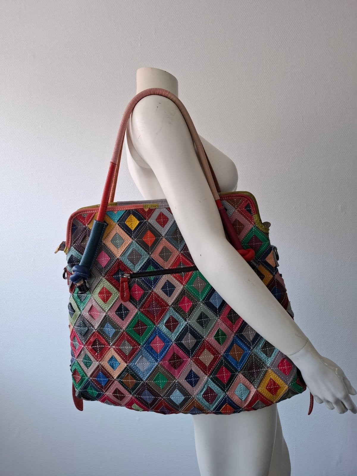 Kleurrijke Leren Shopper met Patchwork Design, Ophalen of Verzenden, Nieuw, Overige kleuren, Shopper
