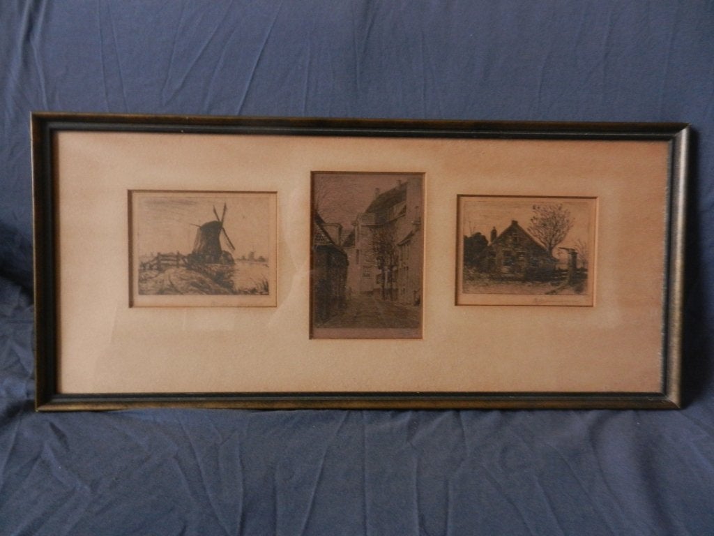 Etsen 2x BJ Stronkhorst 1x D Harting Molen Straatje Boerderi, Gesigneerd, Ets, Ophalen of Verzenden, Landschap