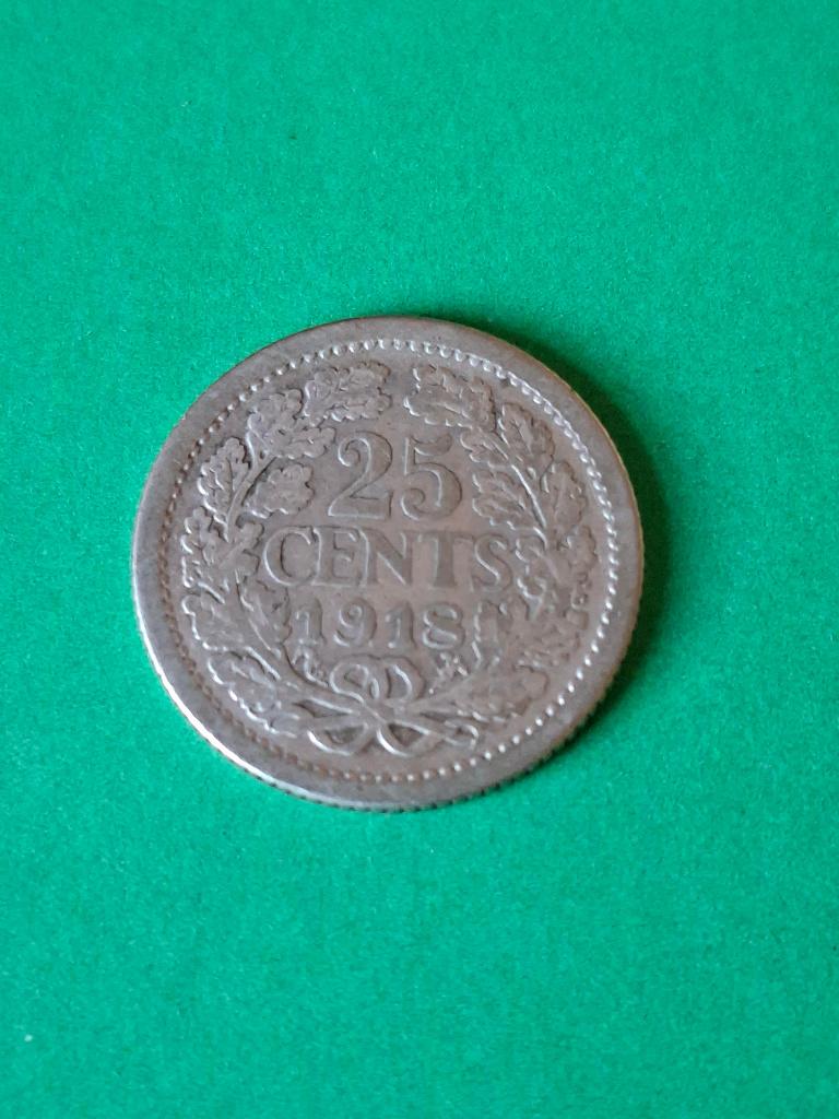 1918 kwartje in zilver Wilhelmina, Verzenden, Zilver, 25 cent, Koningin Wilhelmina