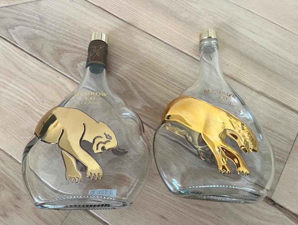 Cognac fles Meukow X.O cognac panter (leeg), Ophalen of Verzenden, Overige typen