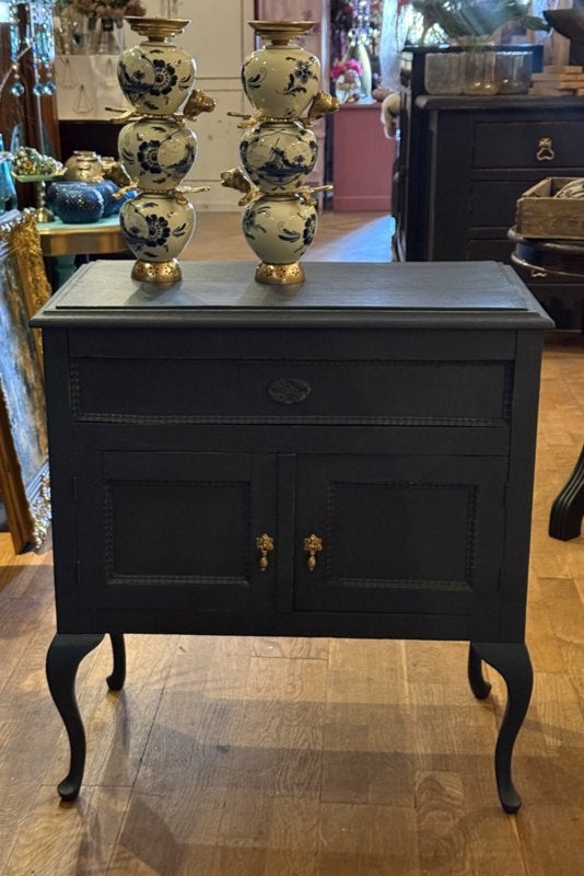 Vintage klein kastje met bovenklep, antieke kast blauw VdlM, Ophalen, 100 tot 150 cm, Oud klepkastje brocante halkastje hal meubel donkerblauw uniek
