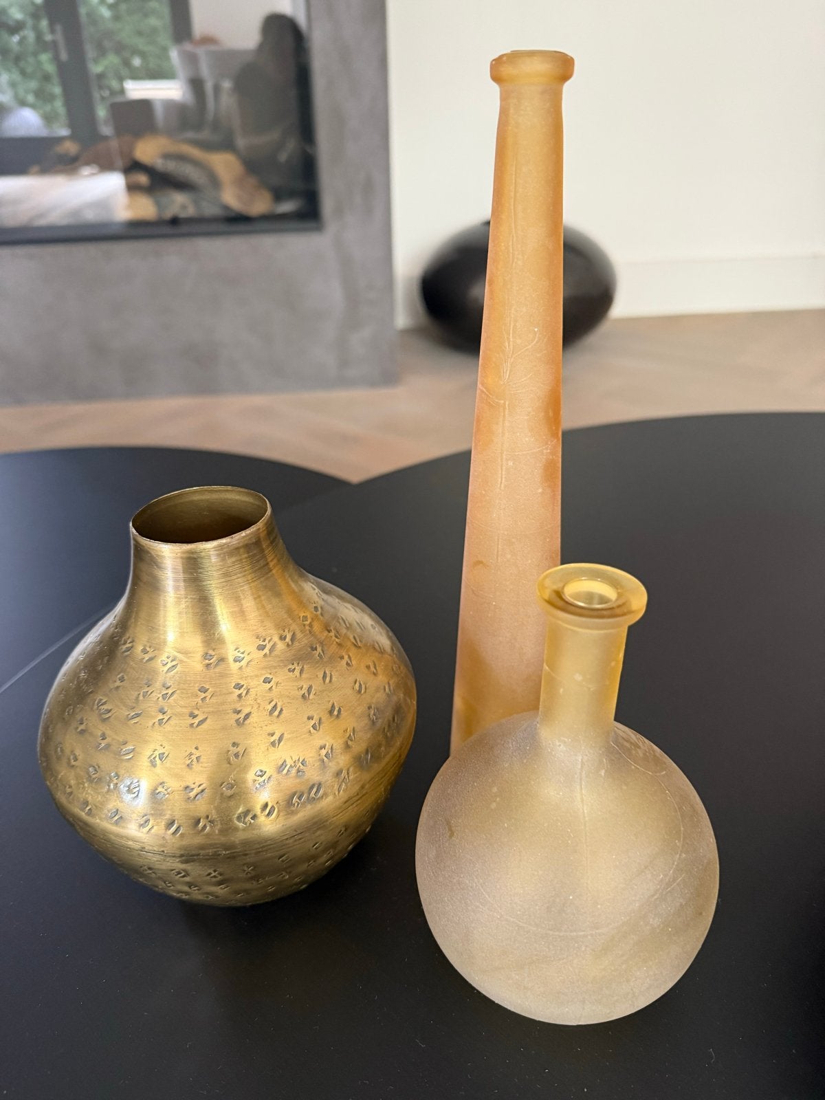 Set van 3  vaasjes- messing en glas, Ophalen