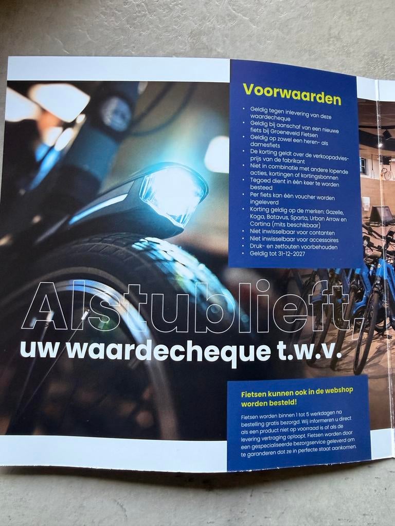 Waarde cheque 250 euro voor een electrische fiets, Tickets en Kaartjes, Kortingen en Cadeaubonnen, Eén persoon, Cadeaubon
