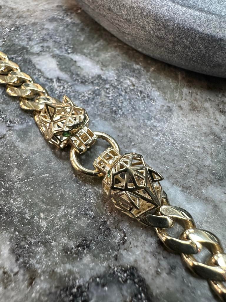 14k Gouden Tijger Armband - Schakelarmband met Dierenkoppen, Ophalen of Verzenden, Zo goed als nieuw, Goud