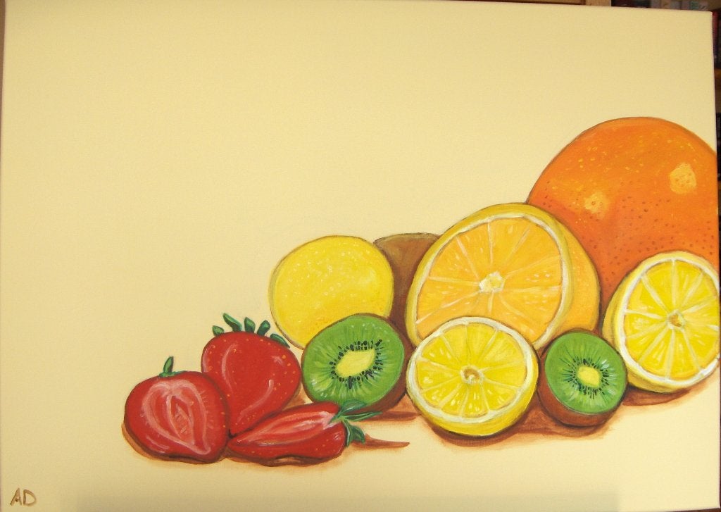 Fruit, Antiek en Kunst, Acrylverf, Doek, Realistisch, Stilleven