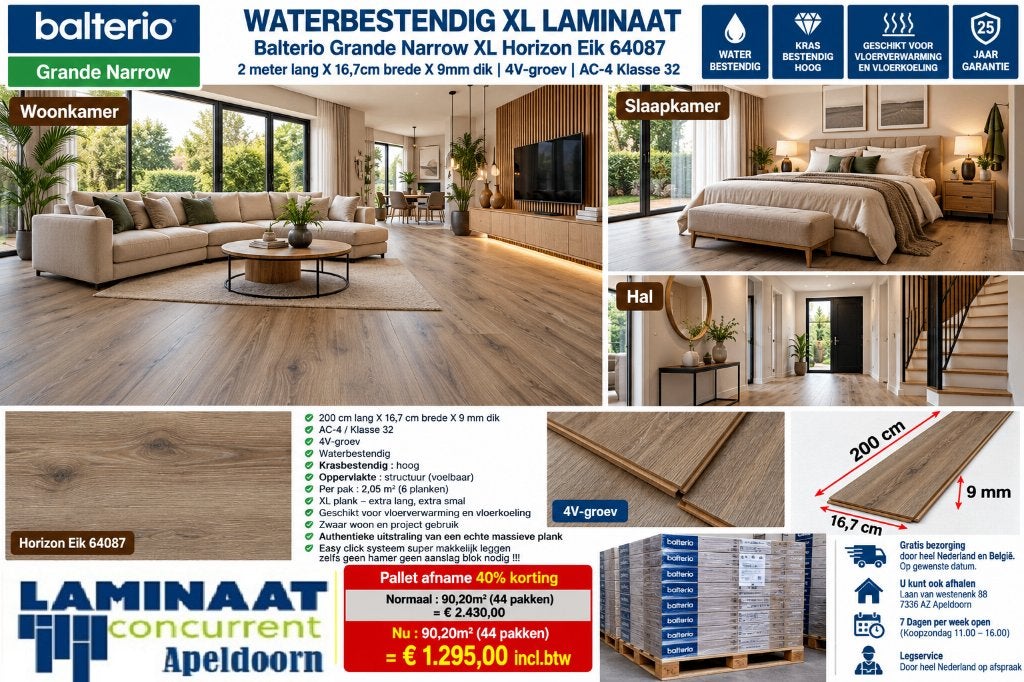 90,20m2 Waterbestendig 9mm Laminaat Horizon Eik 44pak =€1295, Bruin, 75 m² of meer, Nieuw, Ophalen of Verzenden