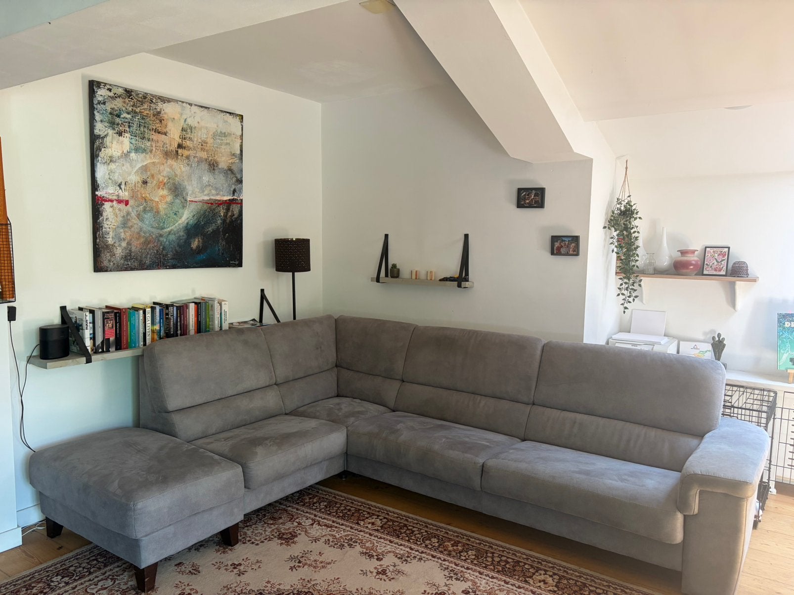Moderne hoekbank / loungebank lichtgrijs – 300 x 220 cm, Ophalen, Gebruikt, Stof