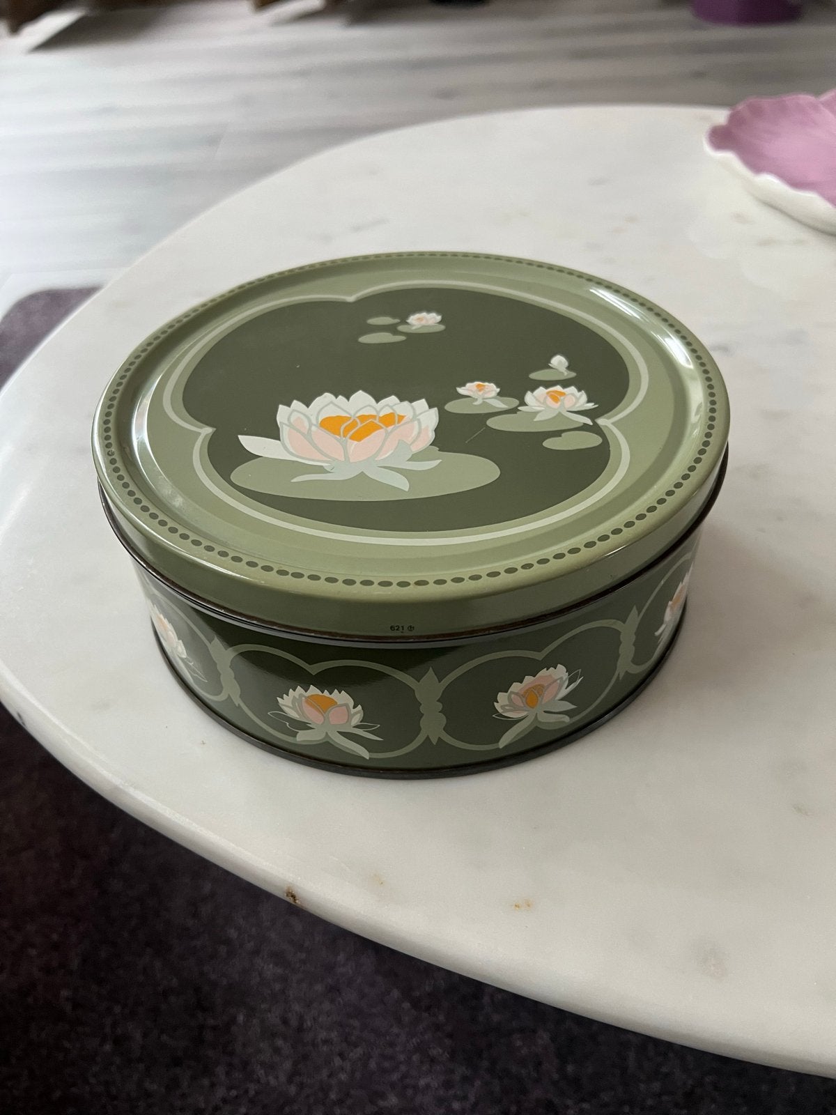 Vintage blikken trommel met waterlelies, Ophalen of Verzenden
