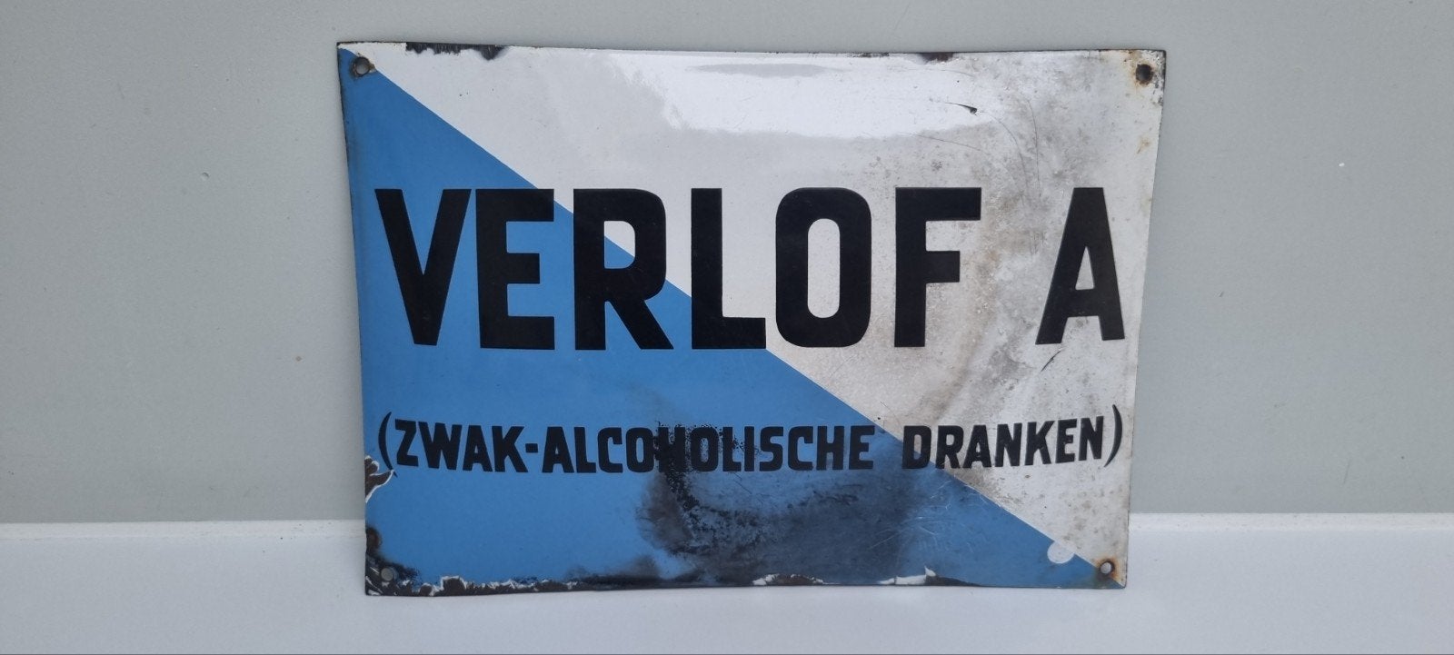 Antiek emaille bord Verlof A vergunning mancave cafe, Verzamelen, Ophalen of Verzenden, Gebruikt, Reclamebord
