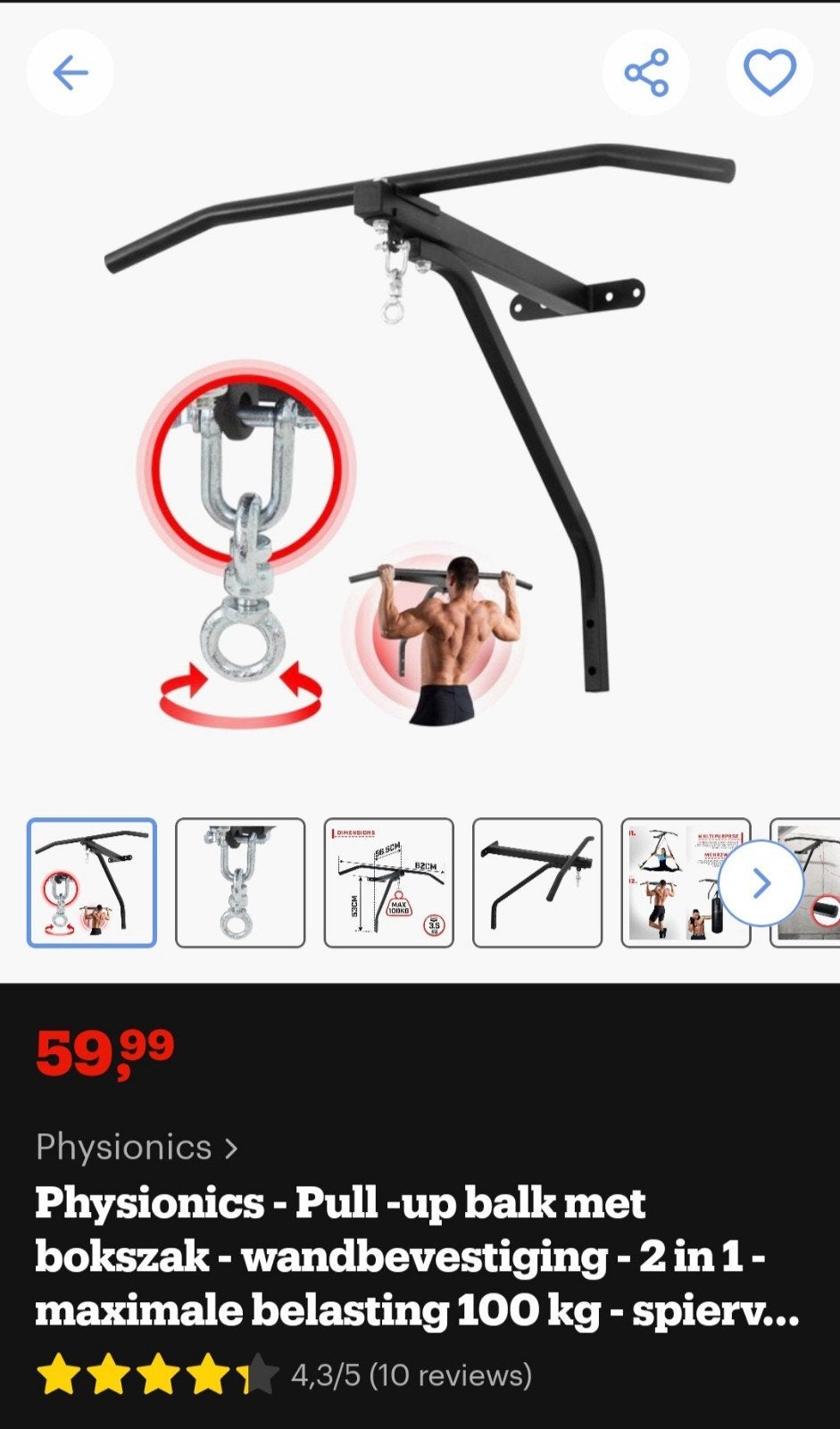 Physionics pull ups en bokszak, Sport en Fitness, Ophalen, Zo goed als nieuw