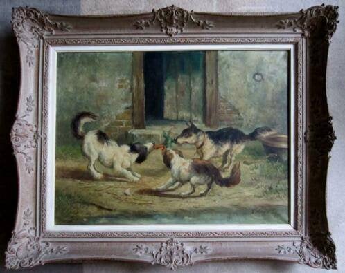 doek 60 x 80 cm = spelende honden = gesigneerd, Ophalen