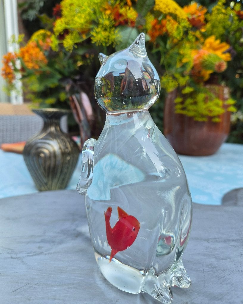 Murano Glass Cat Sculpture Goldfish in Belly, Antiek en Kunst, Ophalen of Verzenden