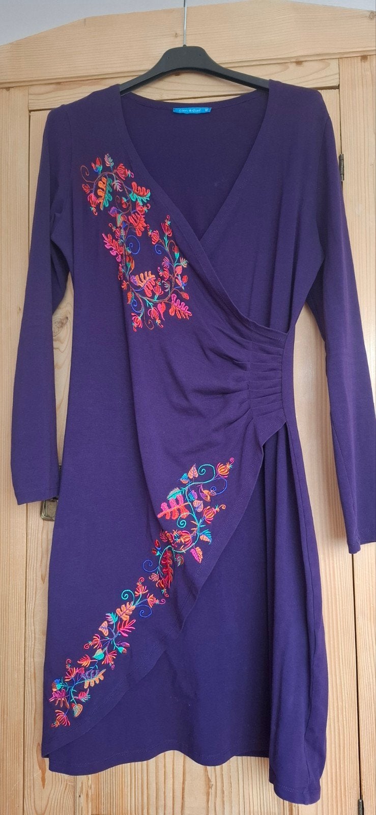 Lien & Giel paarse jurk met bloemenprint, maat M, Maat 38/40 (M), Paars, Ophalen of Verzenden, Zo goed als nieuw