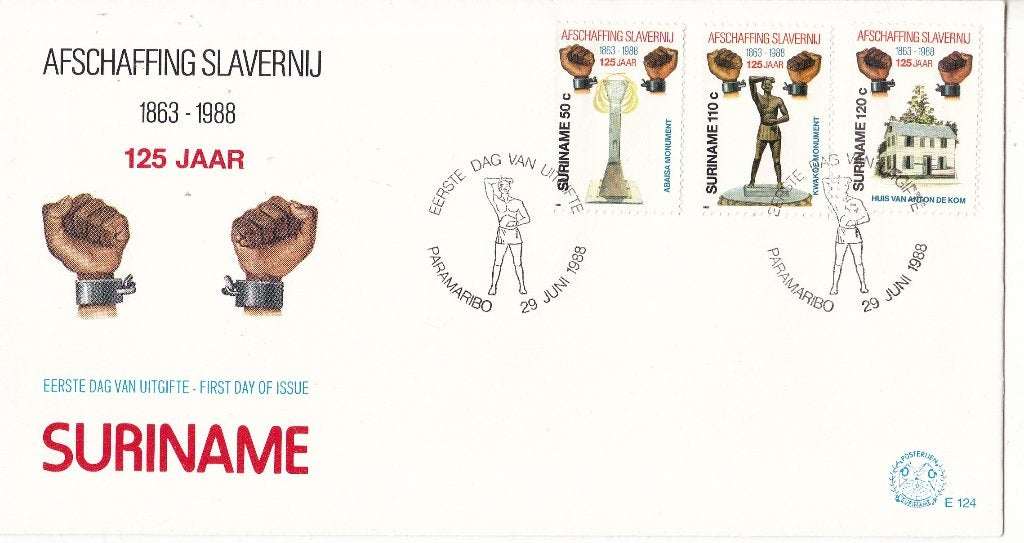 Rep. Suriname - FDC124 – Afschaffing slavernij, Postzegels en Munten, Postzegels | Eerstedagenveloppen, Verzenden, Onbeschreven