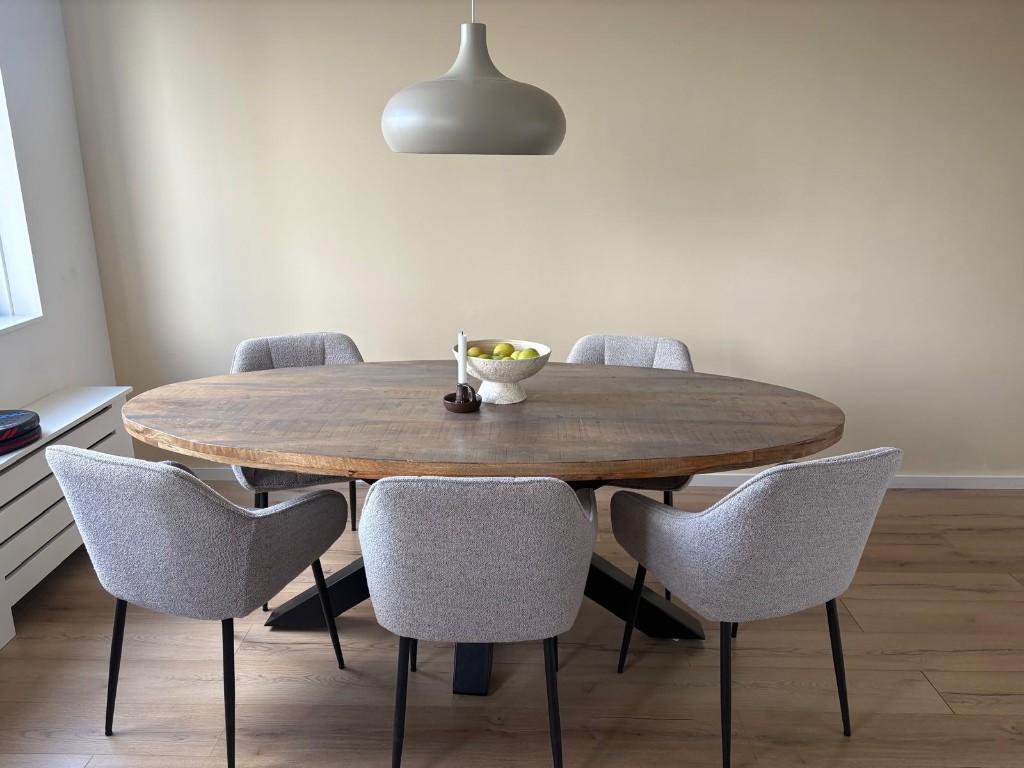 Ovale eettafel mangohout met stalen onderstel – 210x100 cm, Huis en Inrichting, Ophalen, Gebruikt, 100 tot 150 cm, Overige materialen
