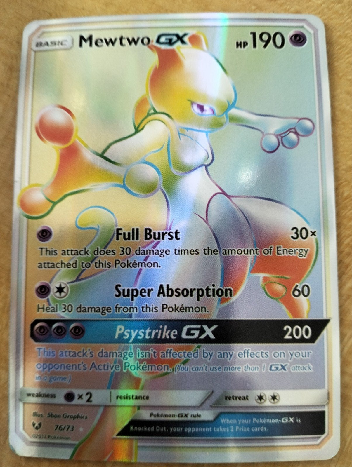 Mewtwo GX Full Art Rainbow Rare Pokémon Kaart 76/73, Ophalen of Verzenden, Zo goed als nieuw, Losse kaart, Foil