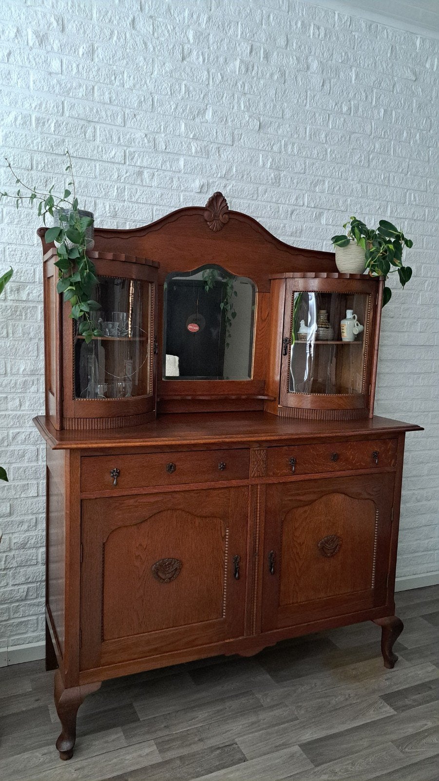 Antiek eiken dressoir met spiegel en vitrinekasten, Antiek en Kunst, Antiek | Meubels | Kasten, Ophalen of Verzenden