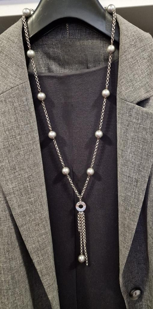 Sieraden lange zilveren #halsketting met grijze parels, Ophalen of Verzenden, Zo goed als nieuw, Grijs, Zilver