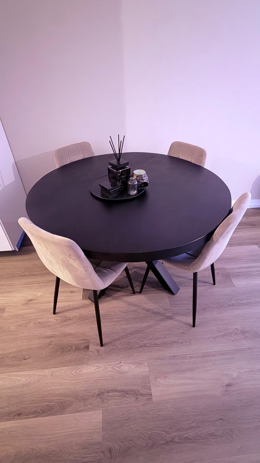 Moderne ronde eettafel met 4 stoelen - Zo goed als nieuw, 100 tot 150 cm, Rond, Ophalen of Verzenden, Zo goed als nieuw