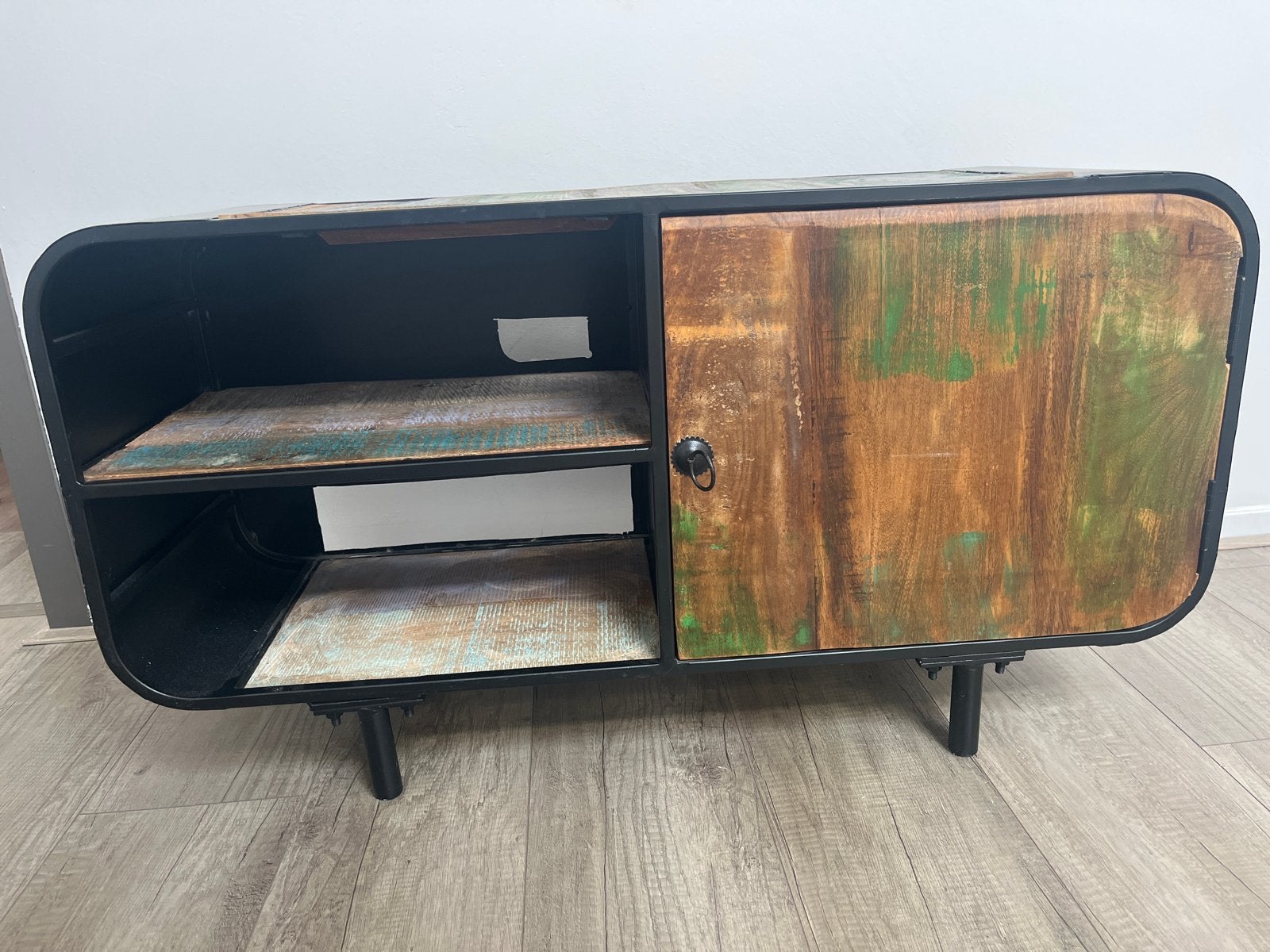 Uniek TV-meubel/dressoir van gerecycled hout en metaal, Ophalen, Gebruikt, 100 tot 150 cm, Minder dan 100 cm