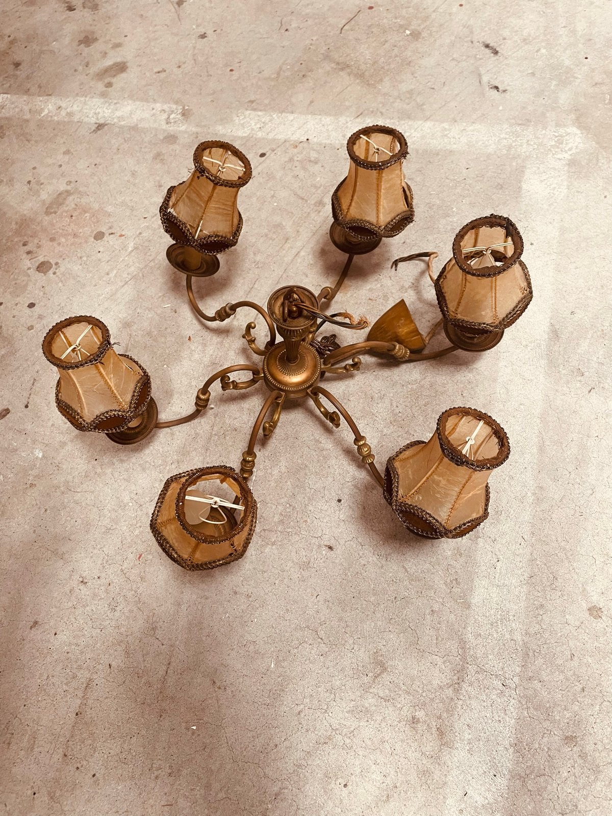 Vintage Messing Kroonluchter met 6 Stoffen Kappen, Ophalen of Verzenden