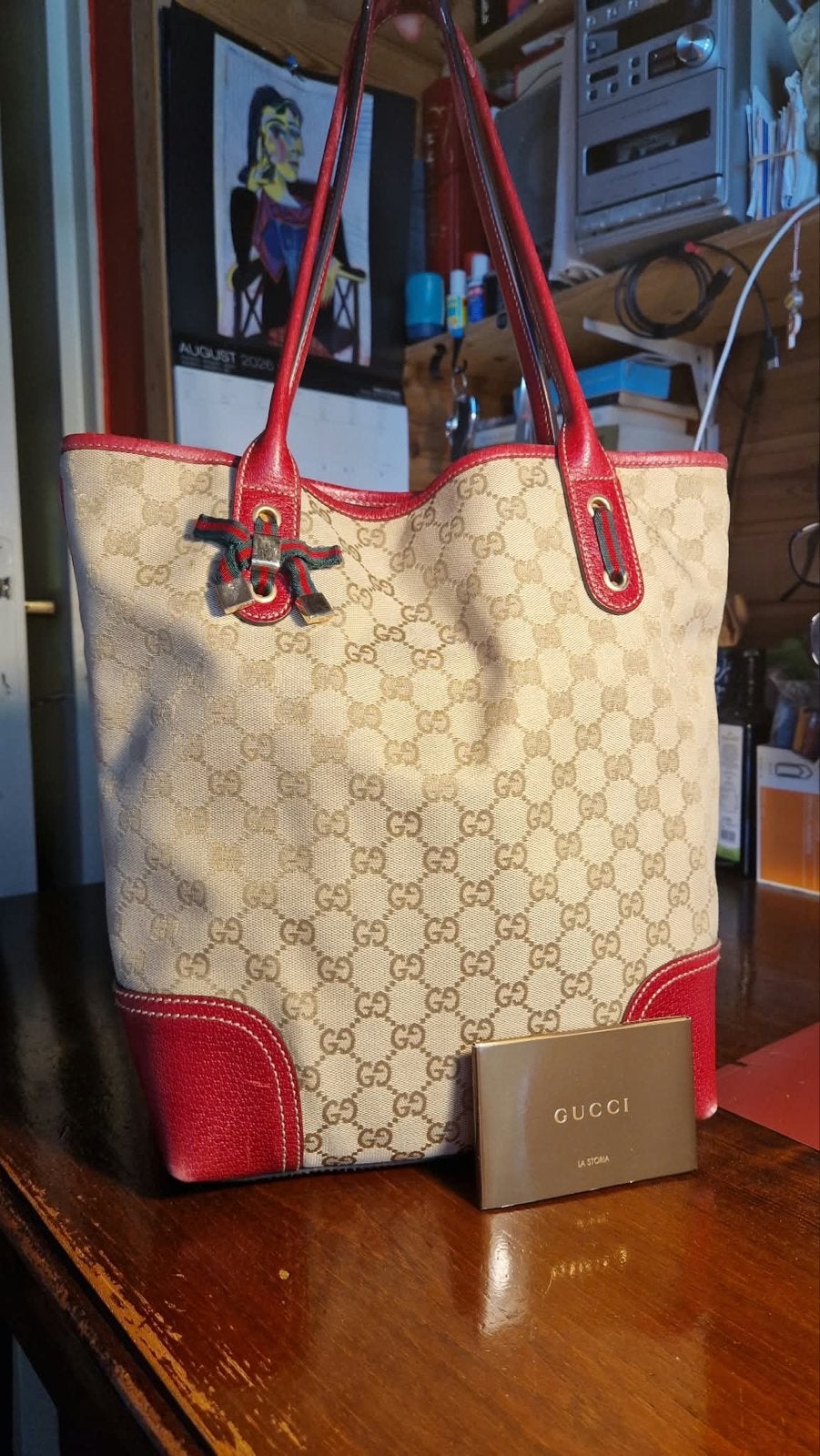 Gucci Shopper Tas met GG-patroon en Rode Details, Ophalen, Gebruikt, Beige, Shopper