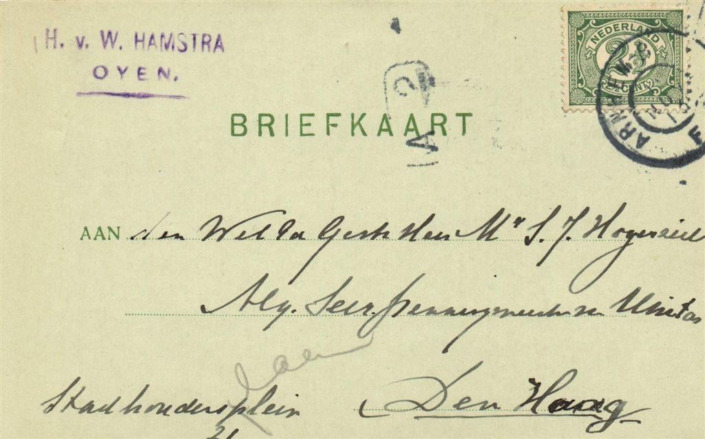 H. v. W. Hamstra, Oyen - 11.1913 - briefkaart, Ophalen of Verzenden, Briefkaart