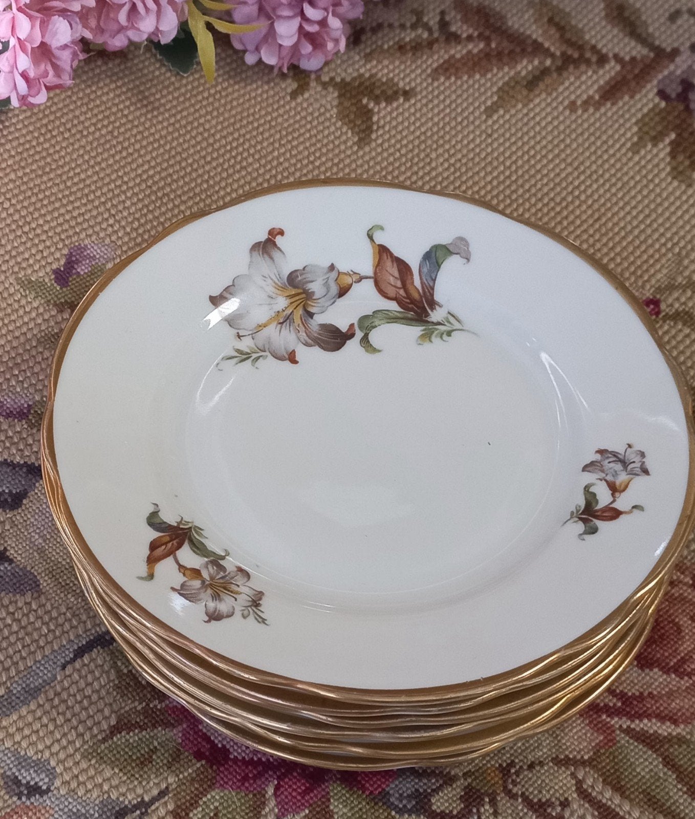 Mooie set van 6 brocante gebaksbordjes, bruine lelie, K.P.M, Ophalen of Verzenden
