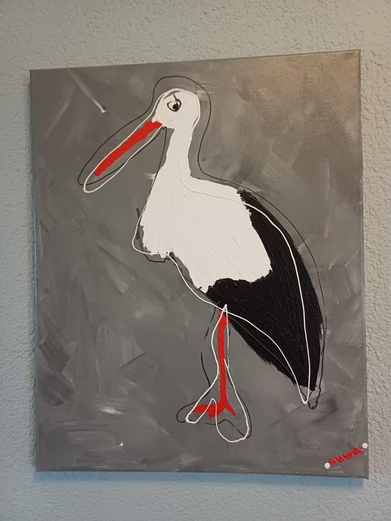Kleurrijk ooievaar schilderij, acryl op canvas 40x50 cm, Antiek en Kunst, Ophalen of Verzenden