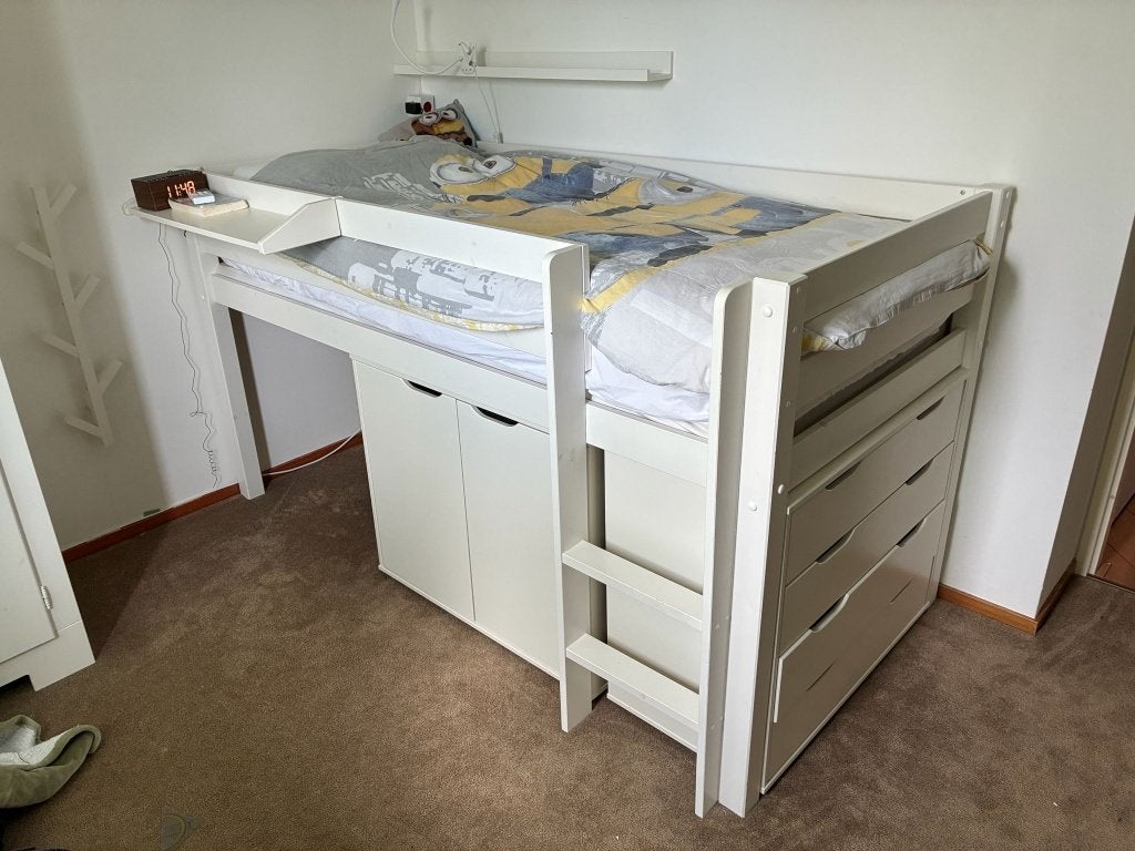 (half)hoogslaper bed, eenpersoons, inclusief onderkastjes, Ophalen, 85 tot 100 cm, Hoogslaper of Stapelbed, Gebruikt