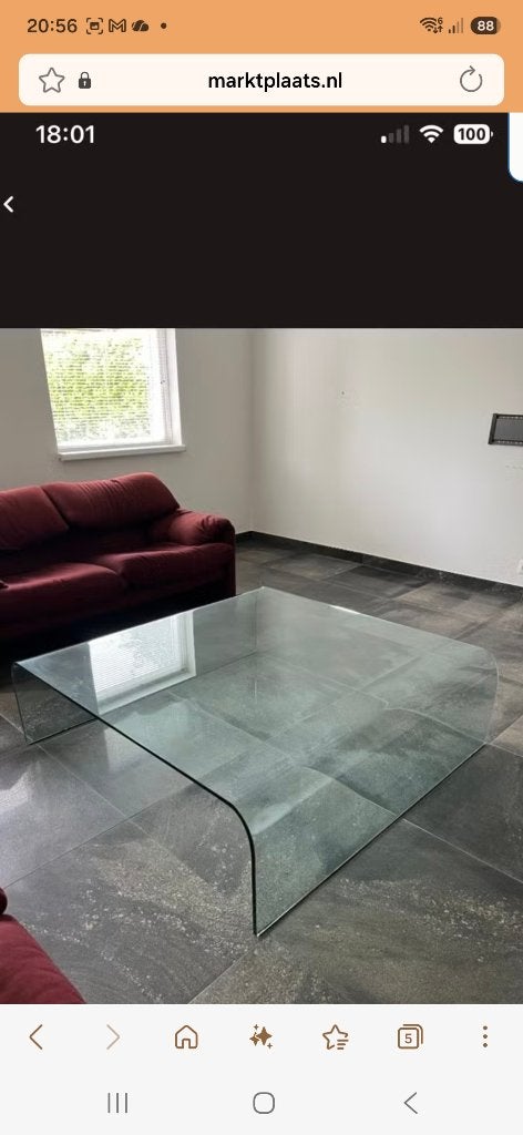 Glazen salontafel, Ophalen, Glas waterval design, 100 tot 150 cm, Vierkant