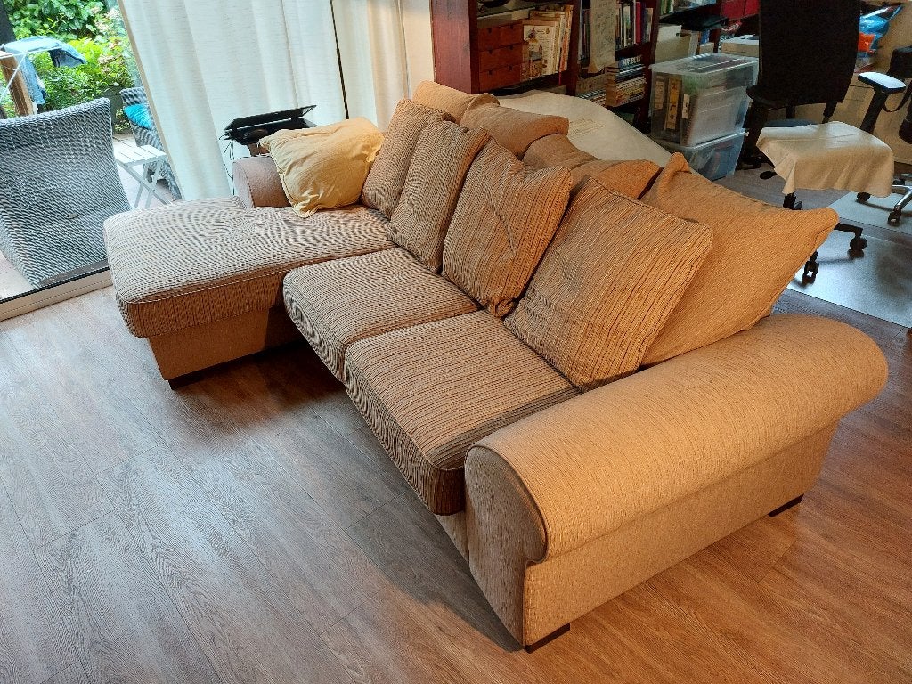 gratis 3 zits bank met longseat, Ophalen, Hout, Gebruikt, 100 tot 125 cm